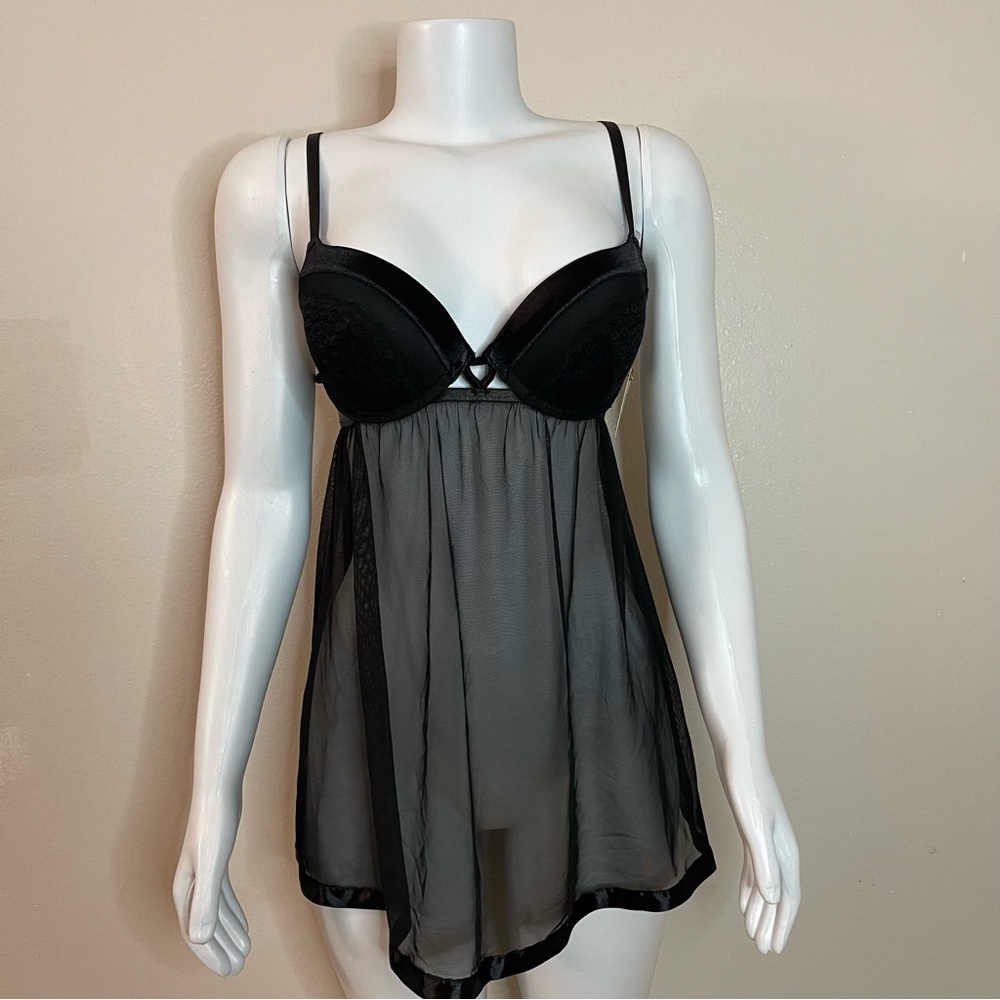 Black mesh cutout babydoll T-string thong two piece set